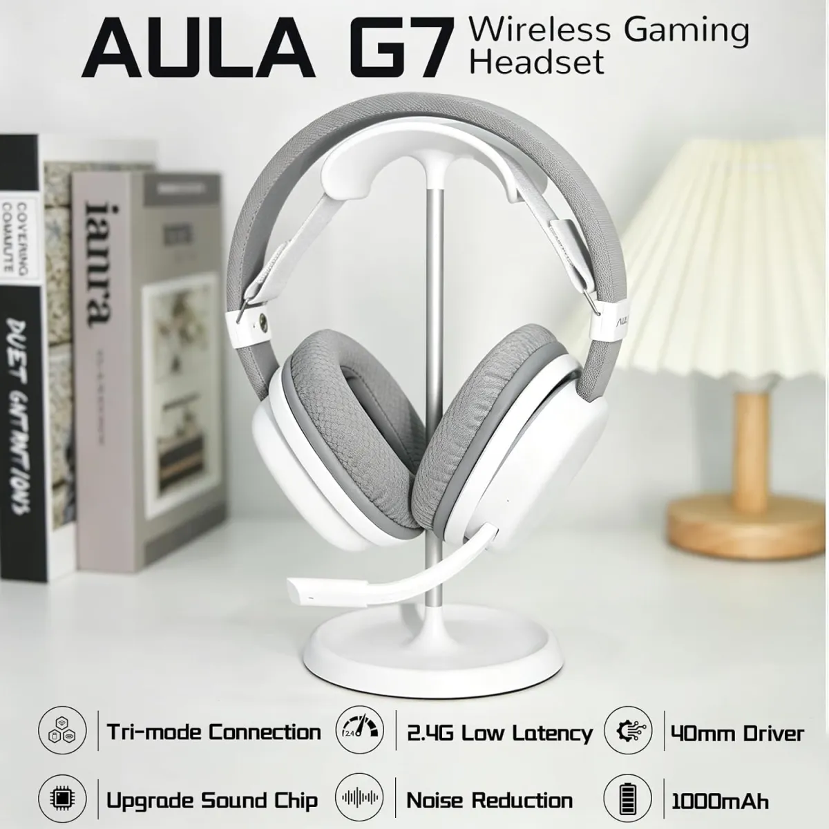 AULA G7 (White with RGB) Noise-Canceling Mic Wing Wireless Gaming Headphone price in Pakistan product image