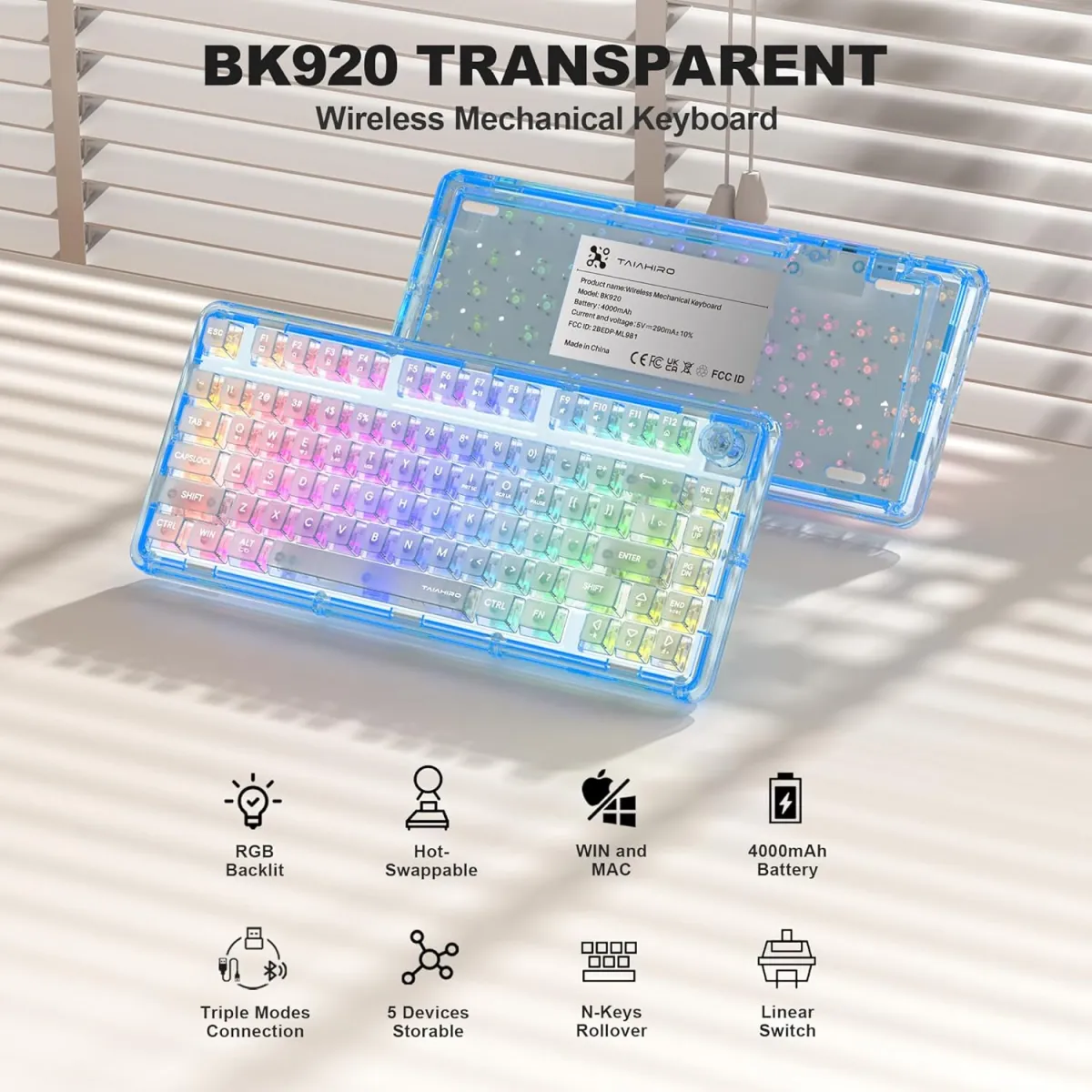 Taiahiro BK920 (Transparent Blue) Hot-Swappable Blue Switches with 4000mAh Battery Wireless Gaming Keyboard price in Pakistan product image