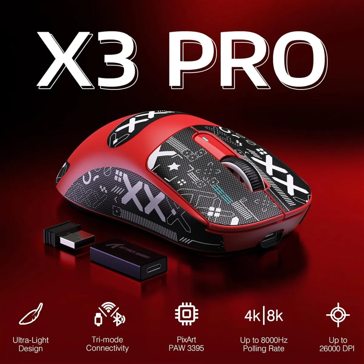Attack Shark X3 Pro 4K/8K (Red with Grip Sticker) Wireless Gaming Mouse price in Pakistan product image