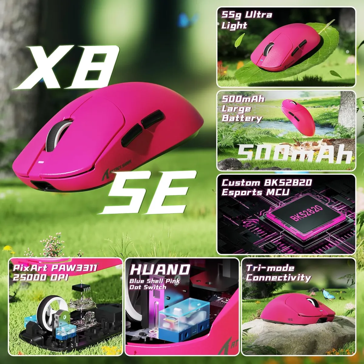 Attack Shark X8 SE (Berry Red) Series Tri-Mode Lightweight Wireless Gaming Mouse price in Pakistan product image
