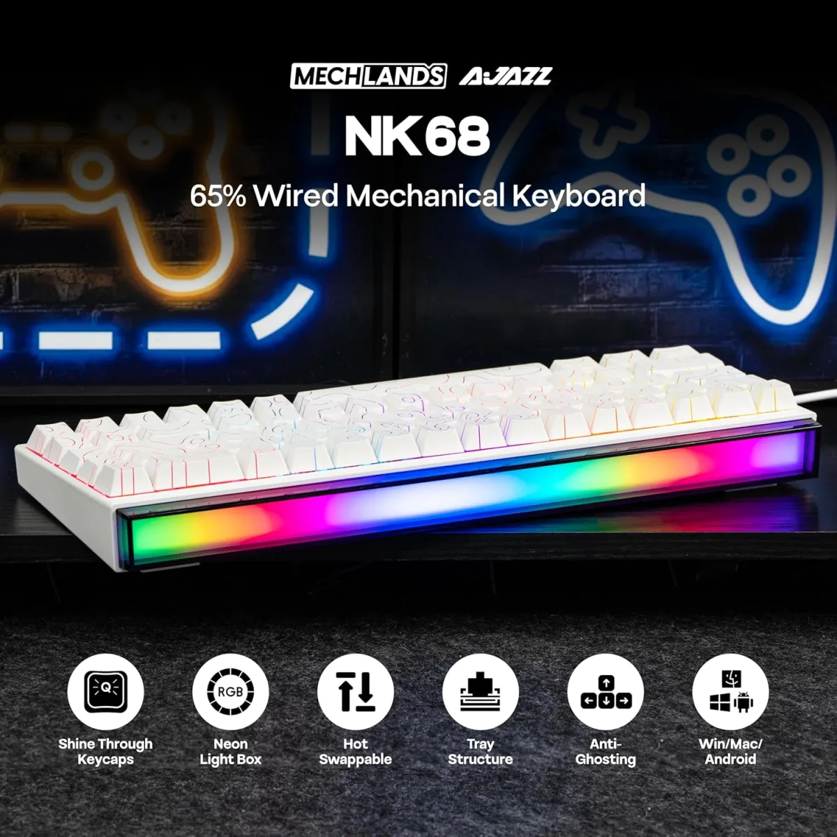 Mechlands Ajazz NK68 (White) 65% Compact with Lightbox Wired Gaming Keyboard price in Pakistan product image
