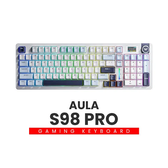 Aula S98 Pro (White & Glacier Blue with RGB) Smart LCD Screen with Tri-Mode Wireless Gaming Keyboard
