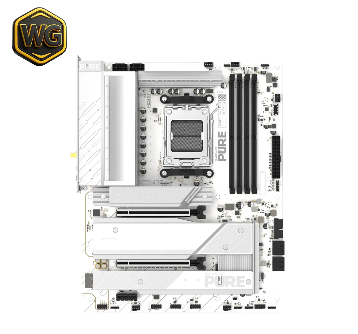 Sapphire pc gear Sapphire Pure X870A WiFi 7 AM5 Motherboard - White front view